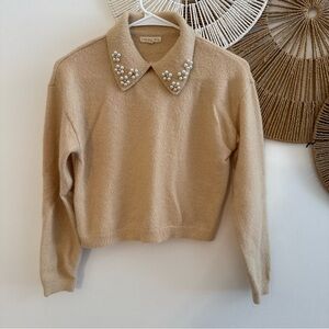 Copper Key Beige Sweater with Embellished Collar